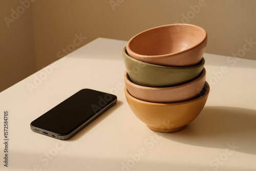 still life composed of some ceramic bowls with a warm and muted color palette stacked on a white table near a modern cell phone