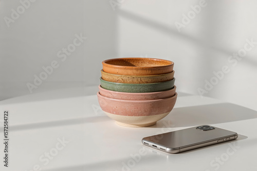 still life composed of some ceramic bowls with a warm and muted color palette stacked on a white table near a modern cell phone