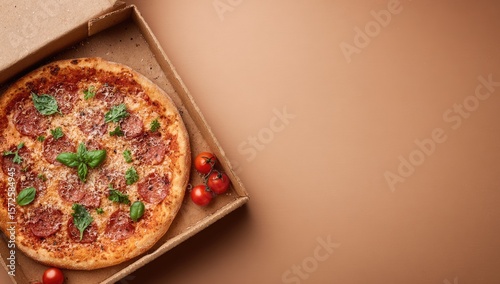 Pizza in a cardboard box, topped with salami, basil, and cherry tomatoes