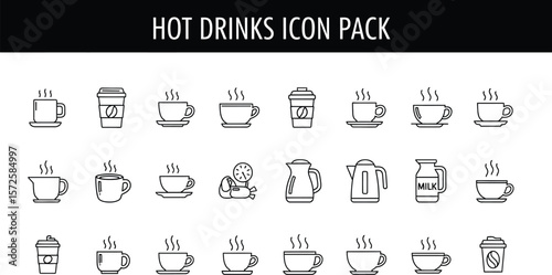 Hot drinks icon pack featuring coffee cups kettles and milk jug line art