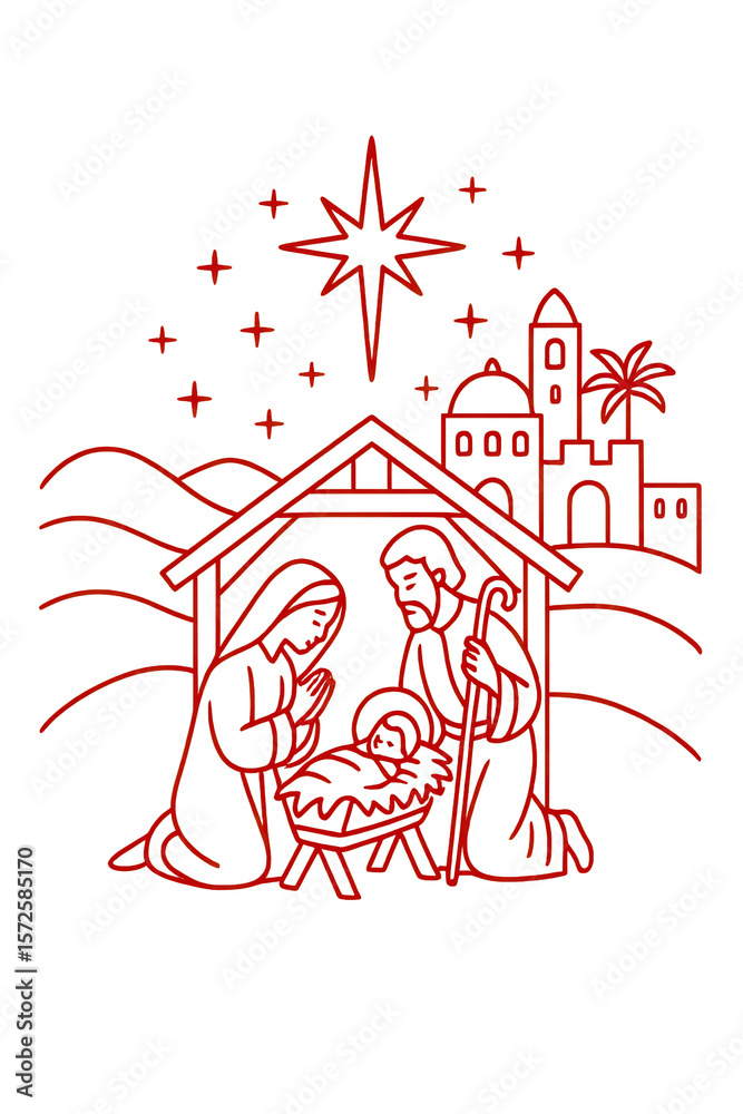 Obraz premium Isolate Transparent Red Line Nativity Scene Nativity Scene with Mary, Joseph, and Baby in Festive Doodles PNG Die-Cut For Advertising