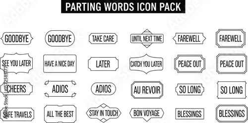 Parting words icon pack with farewell messages in decorative outline boxes