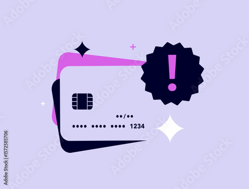 Credit card fraud warning icon with exclamation mark and chip card, illustrating payment security, transaction alert. Card scam detection and digital finance risk. Flat design vector illustration