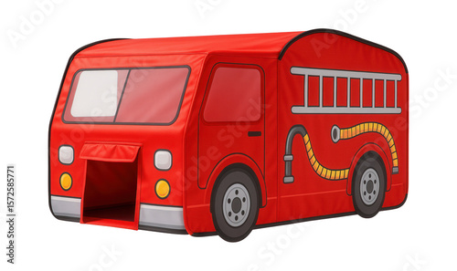 A fire truck play tent with a hose and ladder design, ideal for a playgroup session on a patio.