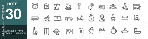 30 Editable Stroke Line Icons for Hotel Services, Hospitality, and Travel Essentials – Vector Icon Pack