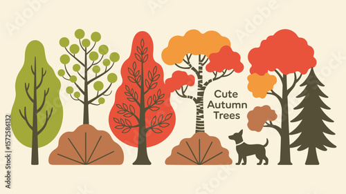 Autumn Tree Collection – Oak, Birch, Aspen, Linden, Fir with Shrubs, Sunny Weather, and Dog for Fall Forest Nature Illustration and Seasonal Design