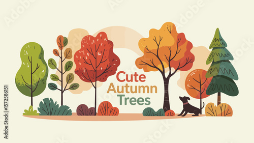 Set of Autumn Trees and Shrubs – Cute Flat Vector Illustration Featuring Oak, Birch, Aspen, Linden, Fir, Dog, and Sun in Seasonal Forest Scene

