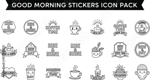 Collection of morning themed vector icons with coffee cups and typography