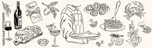 Hand drawn Italian chalk food. Seafood, wine, pasta, oysters, mussels, shrimp, charcuterie. Mediterranean dinner for wedding invitations, menus. Vector illustration La dolce vita italian sketch style.