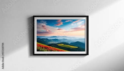 Fototapeta Naklejka Na Ścianę i Meble -  Sleek black frame showcasing a vibrant landscape print on a textured white wall,  canvas,  mounting