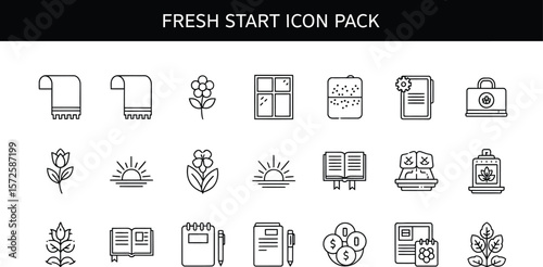 Fresh start icon pack displaying various line art illustrations on white