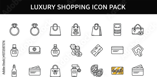 Luxury shopping icon pack featuring rings bags perfume and credit cards items