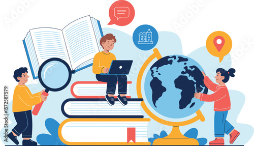 A group of students are studying with books globe and laptop for educational purposes and research


