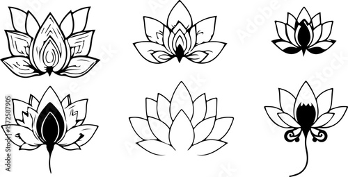 Water Lily Silhouette Vector Set, Water Lily Outline Vector Art, Water Lily Flower Silhouette Collection, Set of Water Lily Vector Illustrations, Botanical Water Lily Silhouette Set, Minimalist Water
