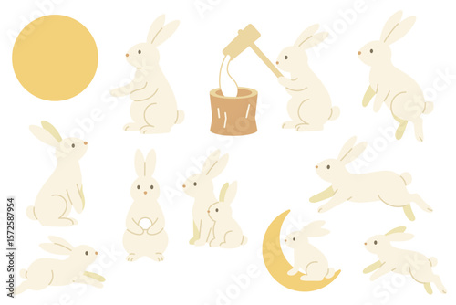 満月といろんなポーズのかわいうさぎ素材集