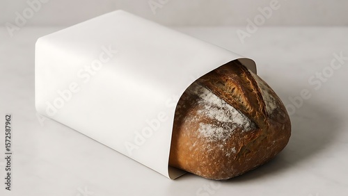Minimalist bread packaging mockup with white paper wrap on a wooden loaf.	