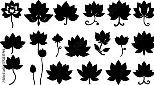 Water Lily Silhouette Vector Set, Water Lily Outline Vector Art, Water Lily Flower Silhouette Collection, Set of Water Lily Vector Illustrations, Botanical Water Lily Silhouette Set, Minimalist Water