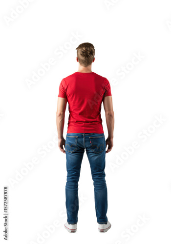 Young muscular caucasian man in red t-shirt, blue jeans, white sneakers, standing full length from rear view, head tilted up, gazing with wonder on a transparent studio background, bright copy