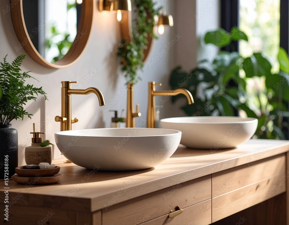 Fototapeta premium Stylish Double Bathroom Vanity with White Vessel Sinks, Gold Faucets, and Greenery
