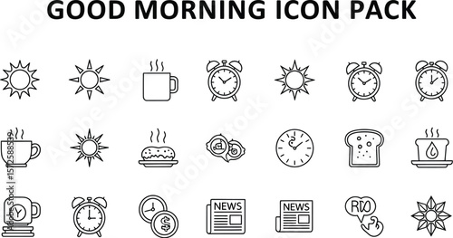 Collection of black and white outline icons for morning routine elements set