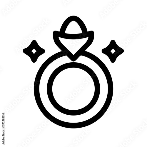 Black and white line icon of a magical ring surrounded by sparkles, representing power, enchantment, and mystical energy.
