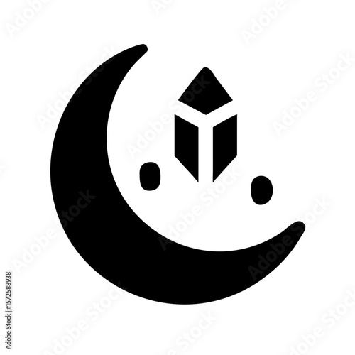 Black silhouette icon of a crescent moon with a crystal and dots, symbolizing lunar energy, magic, healing, and spiritual power.
