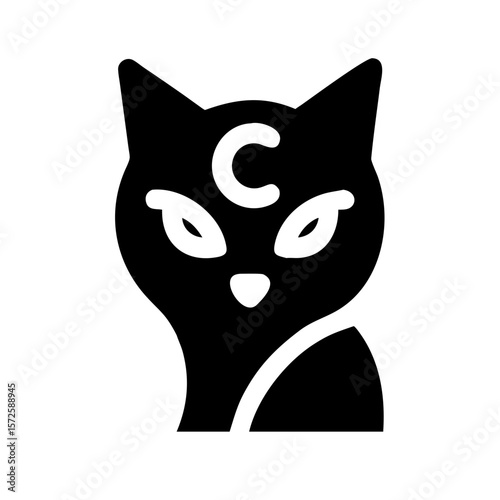 Black and white icon of a magical cat with a crescent moon on its forehead, representing intuition, mystery, and spiritual guardianship.
