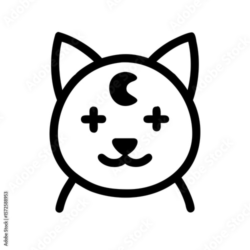 Black outline icon of a cat's face featuring a crescent moon on its forehead and starry eyes, symbolizing magic, intuition, and mystical energy.
