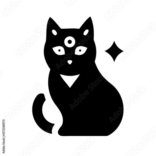 Black silhouette icon of a seated cat with a third eye and sparkle, symbolizing intuition, magic, mystery, and spiritual guardianship.

