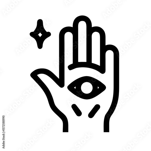Black outline icon of an open hand featuring an eye in the palm and a sparkle, symbolizing protection, intuition, and spiritual power.
