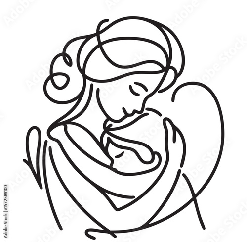 Continuous line drawing of mother and baby. Mother hugs baby sketch
