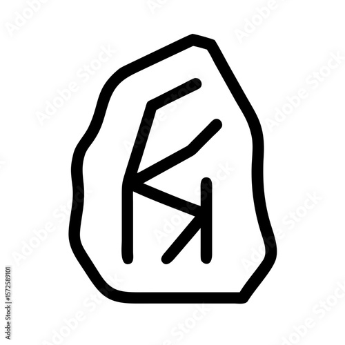 Minimal black outline icon of a rune-inscribed stone, representing ancient writing, Norse mythology, divination, or mystical traditions.
