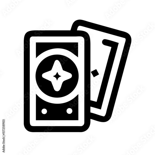 Black outline icon of two tarot cards, one featuring a star symbol, representing divination, intuition, and spiritual guidance.
