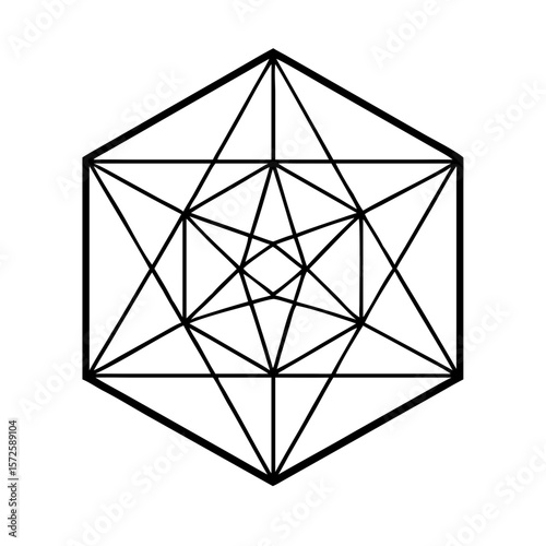 Intricate black outline icon featuring a symmetrical hexagon-based sacred geometry design, symbolizing balance, unity, and spiritual structure.
