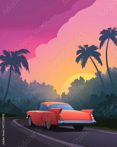 Classic car at sunset in paradise