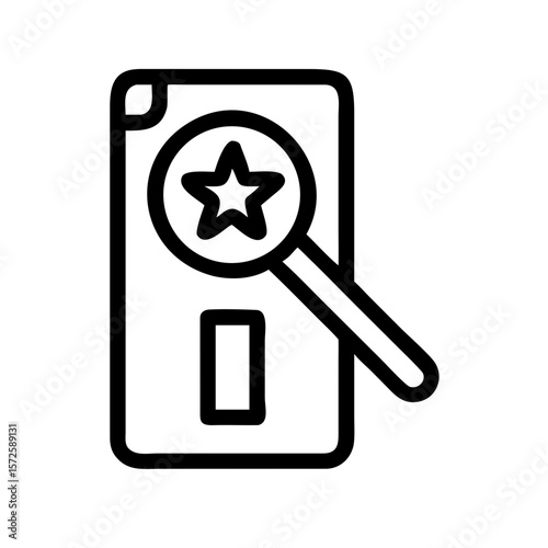 Black outline icon of a tarot card with a magnifying glass highlighting a star, symbolizing the suit of wands, inspiration, and creativity.

