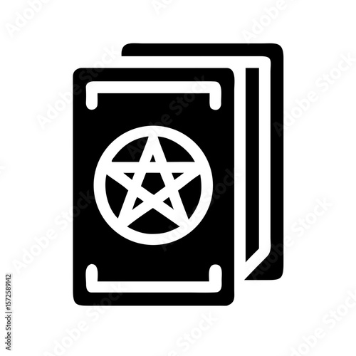 Black icon of tarot cards featuring a pentacle symbol, representing the suit of pentacles, earth energy, and material aspects in divination.
