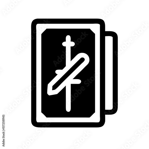 Black outline icon of a tarot card featuring a sword symbol, representing intellect, conflict, truth, or the suit of swords in tarot readings.
