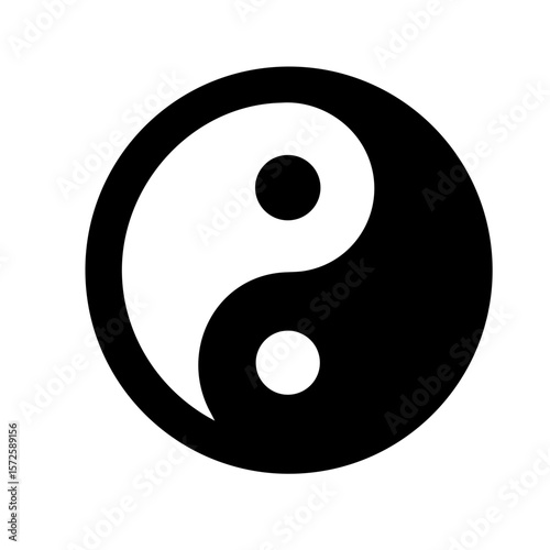 Bold black and white yin yang icon, symbolizing duality, harmony, balance, and interconnected forces in Eastern philosophy and spirituality.

