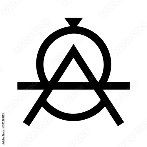 Black minimalist icon representing an abstract alchemical symbol, often associated with mysticism, transformation, or esoteric philosophy.
