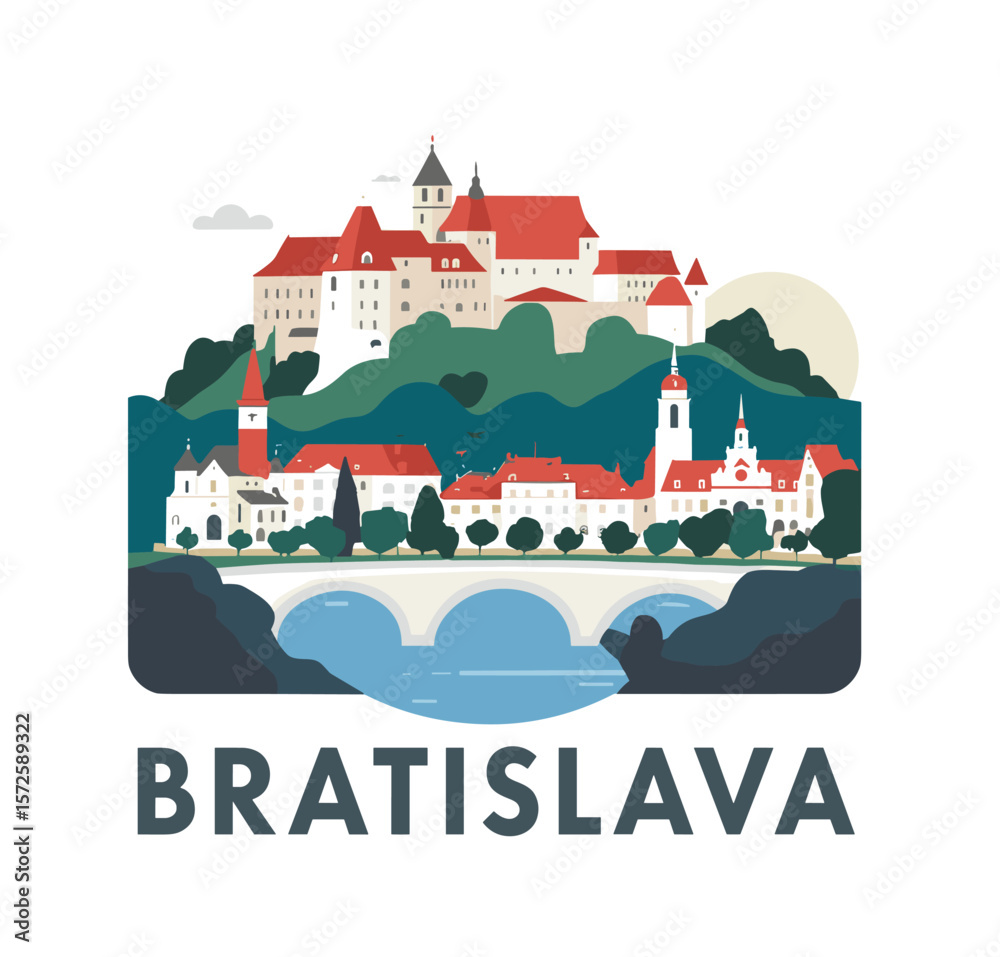 custom made wallpaper toronto digitalVector illustration of Bratislava with castle, church, old town buildings and bridge. Scenic view with green hills and river