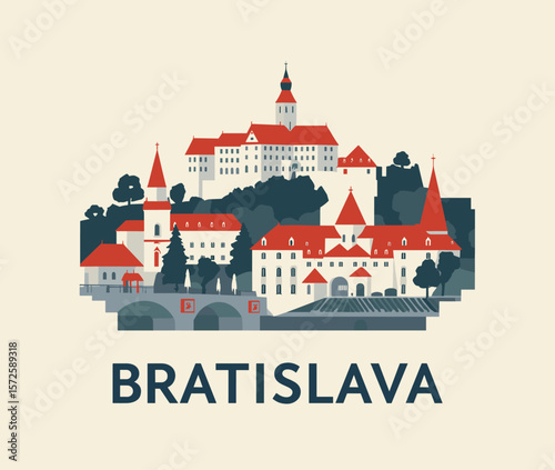 Flat vector of Bratislava old town with castle, churches and rooftops. Traditional European city illustration
