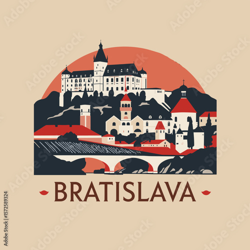 Wallpaper Mural Stylized vector of Bratislava with castle, churches, and bridge in red-toned design. Historic city view Torontodigital.ca