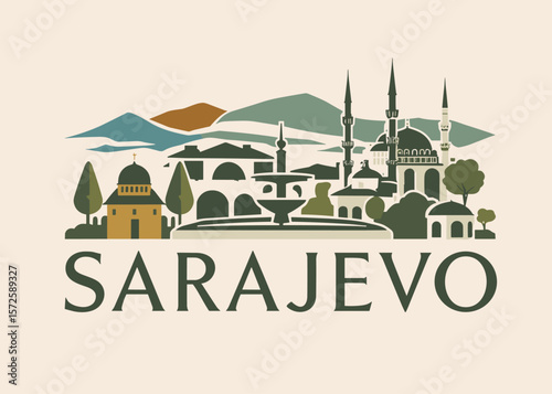 Scenic vector of Sarajevo featuring mosques, minarets, fountains and bridge. Peaceful cultural illustration