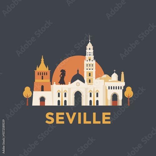 Stylized Seville vector with sun, towers, and iconic buildings in warm tones. Spanish heritage and charm