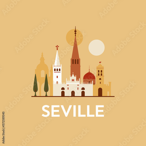 Minimalist vector of Seville with historical towers, domes and trees in warm palette. Elegant travel art