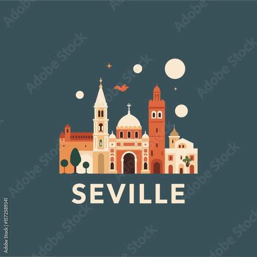 Flat vector of Seville with domes, towers and cultural landmarks. Warm and romantic Spanish city illustration