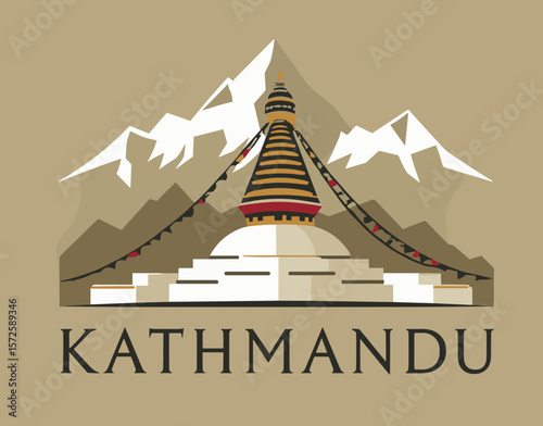 Vector of Kathmandu with Buddhist stupa and Himalayas in the background. Spiritual Nepalese landscape