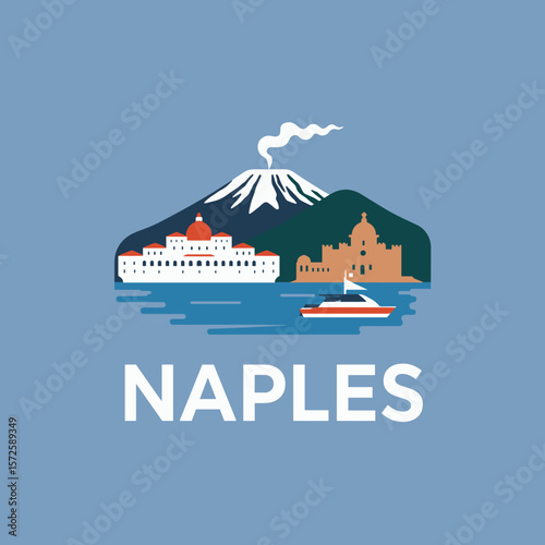 Bright Naples vector with Mt. Vesuvius, classic coastal buildings and speedboat on calm sea. Italian summer scene