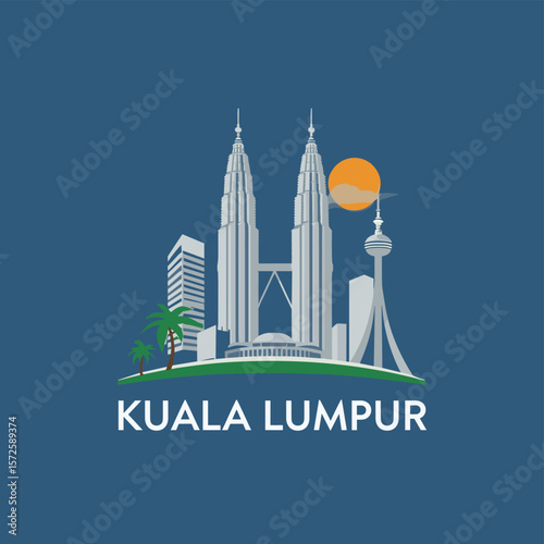 Modern vector of Kuala Lumpur skyline with Petronas Towers, KL Tower, palm tree and sun. Contemporary Malaysian design